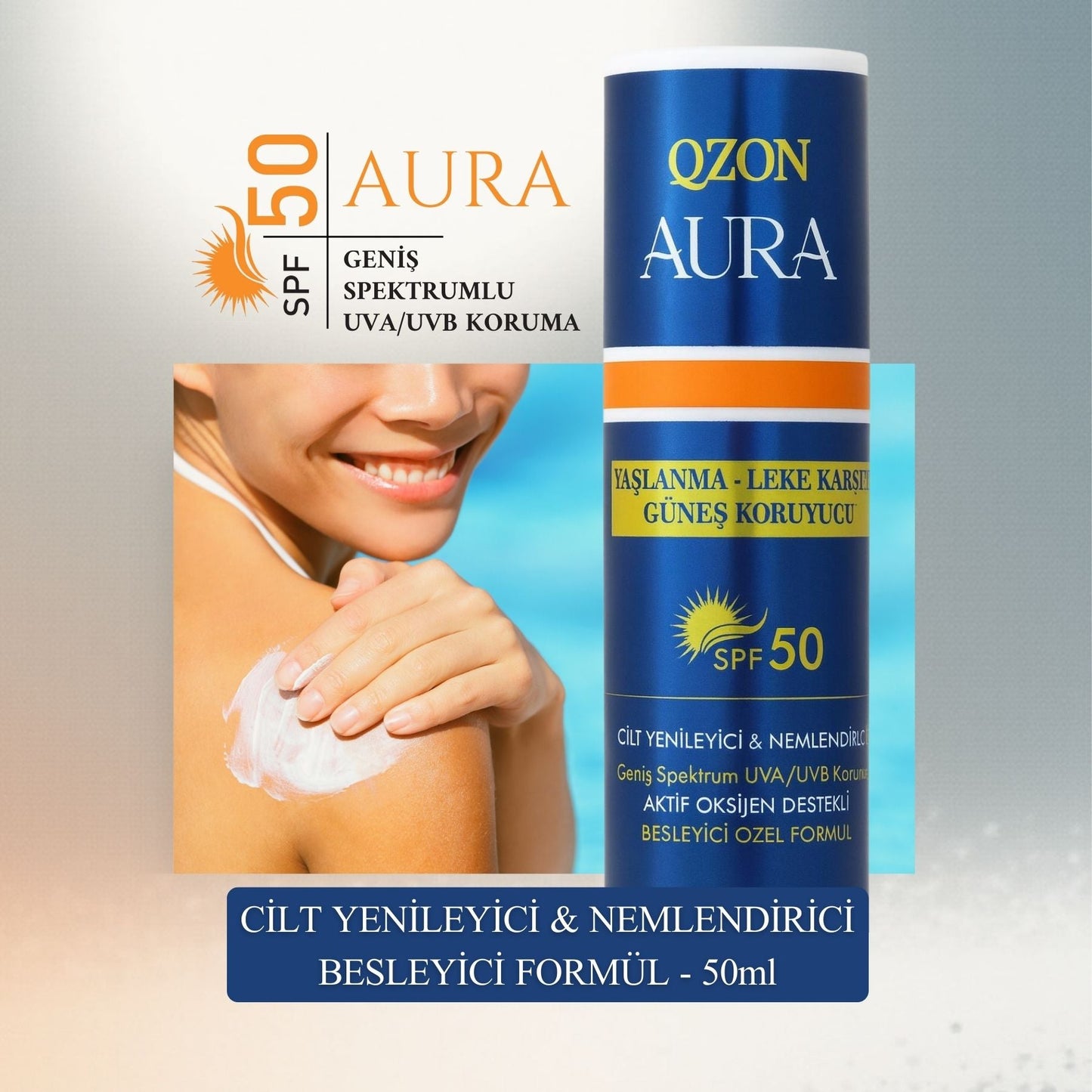 QZON Aura SPF 50 Yüz Güneş Kremi – Cilt Tonu Eşitleyici Güneş Kremi & Yaşlanma ve Leke Karşıtı 50ML